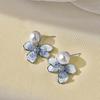 Blue Oil Drop Crystal Flower Round Earrings Stud Earrings Design Sense Niche