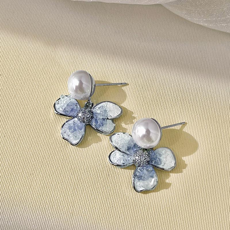 Blue Oil Drop Crystal Flower Round Earrings Stud Earrings Design Sense Niche