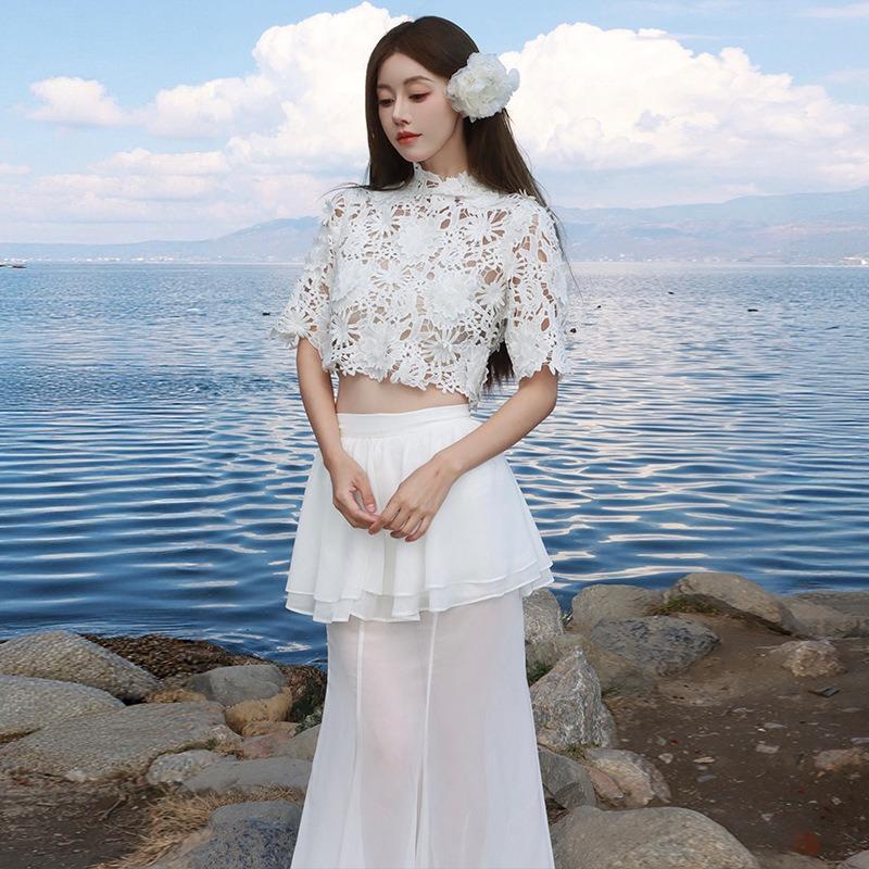 Thai Holiday Wear Black Flower Hollow Lace Short Top Streamer Fishtail Half-body Gauze Skirt Set