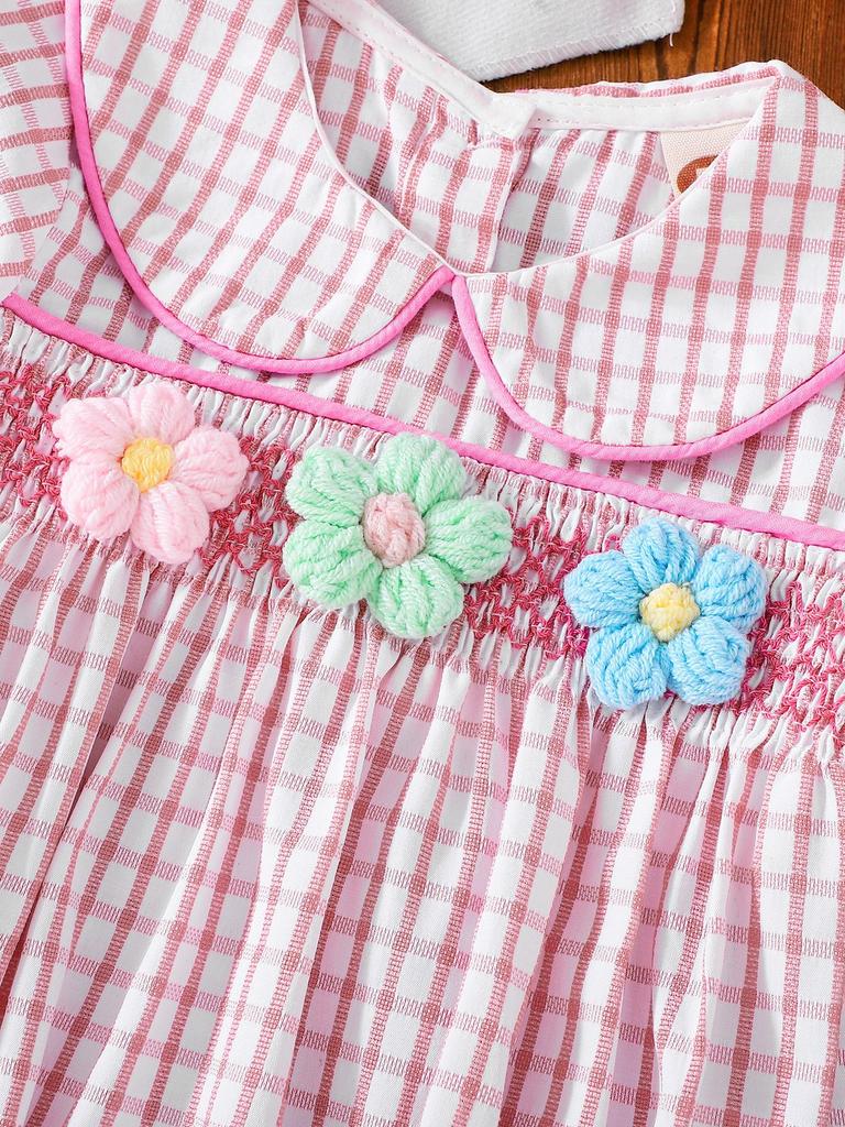 Sweet Korean Style Baby Bubble Romper, Pink White Plaid with Colorful Flowers, Newborn Summer Outfit