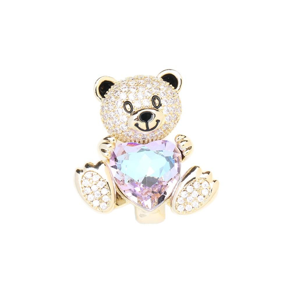 Cute Korean Version, Sweet Purple Crystal Peach Heart Brooch, Loving Bear Animal Pin, Same Accessories for Men and Women