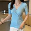 Women Summer V-Neck Ice Silk Knitted Thin Sweater Shirt Top Short Sleeve Slim Irregular Bottoming Button Solid Color