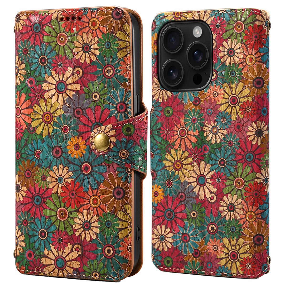 

For iPhone 16 Pro Max Case Flower Printing Stand PU Leather Protective Phone Cover Spring