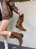 Rindsleder-Edition~ Vielseitige Retro-Stiefel mit dickem Absatz für Damen, mit Gürtelschnalle, plissierte Stiefel mit Schaft in mittlerer Höhe, Western-Cowboystiefel