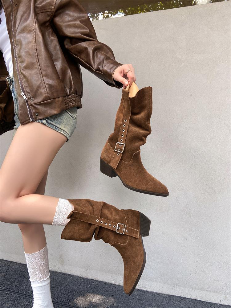 Cowhide Edition~ Thick Heel Versatile Retro Boots Women's Belt Buckle Pleated Pile Boots Mid-tube Western Cowboy Boots