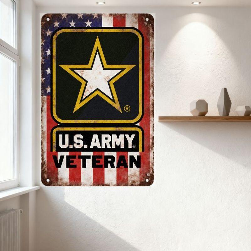 Vintage U.S. Army Veteran Metal Tin Sign Distressed Rustic Wall Decor with US Flag & Star Design, Military Memorabilia for Man C