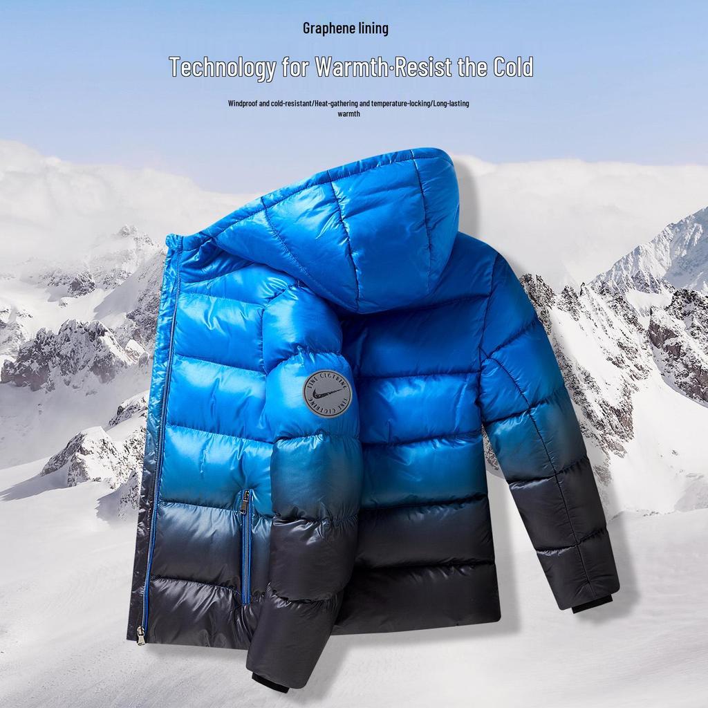 Zimní péřová bunda s kapucí pro chlapce s grafenovým ohřevem – Silný, teplý bavlněný kabát pro starší děti