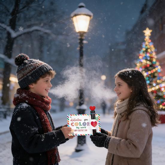 Valentinstag Stift-Karten-Geschenkset Mehrfarbiger Kugelschreiber mit Herz-Botschaftskarten Einziehbarer bunter Stift für Schüler Klassenkameraden Büro-Austausch