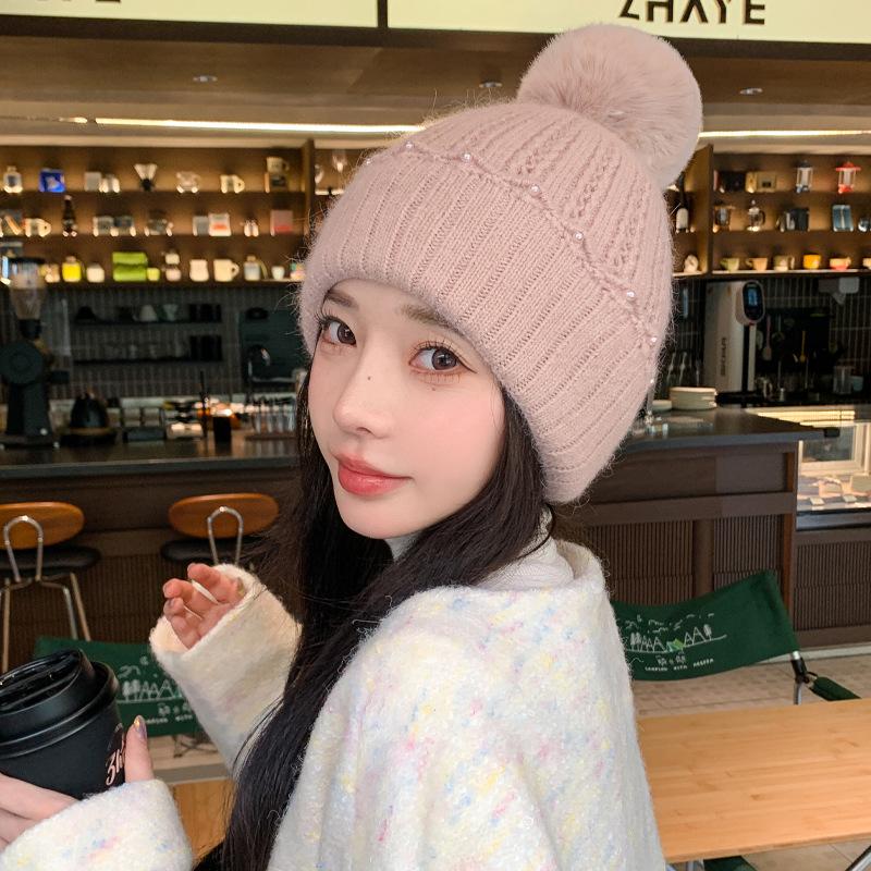 Autumn and Winter New Hat Female Rabbit Fur Pearl Fur Ball Hat Solid Color Winter Warm Knitted Wool Hat