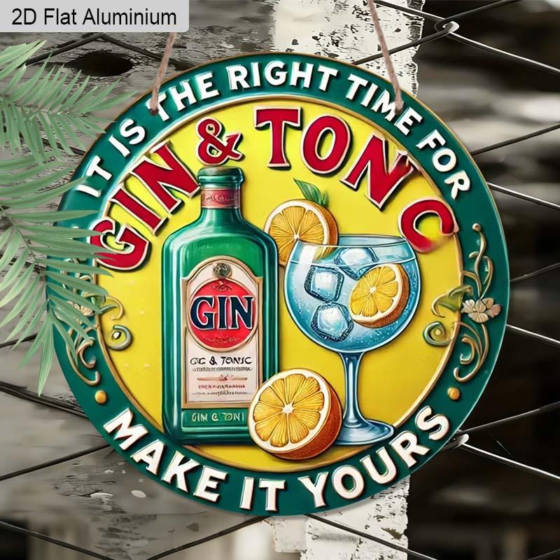 

2D Flat 1pc Retro Bar Aluminum Decoration Plaque, It s The Right Time for Gin & Tonic Lettering Sign, Home Bar Decor, Pub Decor, Kitchen Decor 7.87×7.87inch