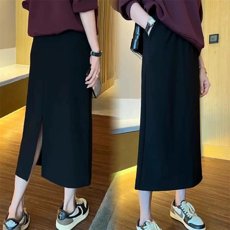 

Plus-Size Black Mid-Length A-Line Skirt for Women, Spring/Summer, Petite, High-Waisted, Slimming, with Back Slit, Straight Skirt 3XL чёрный