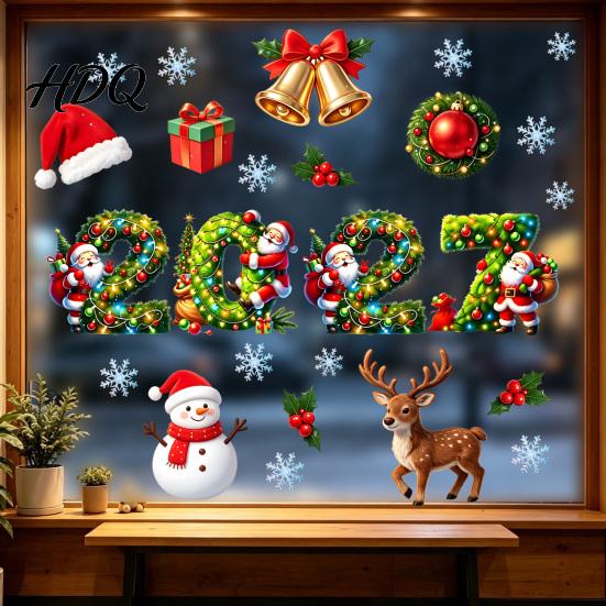 PVC Window Stickers 2027 Merry Christmas Cling Santa Snowman Reindeer Glass Door Sticker Seasonal Party Decorations Static Decal for Living