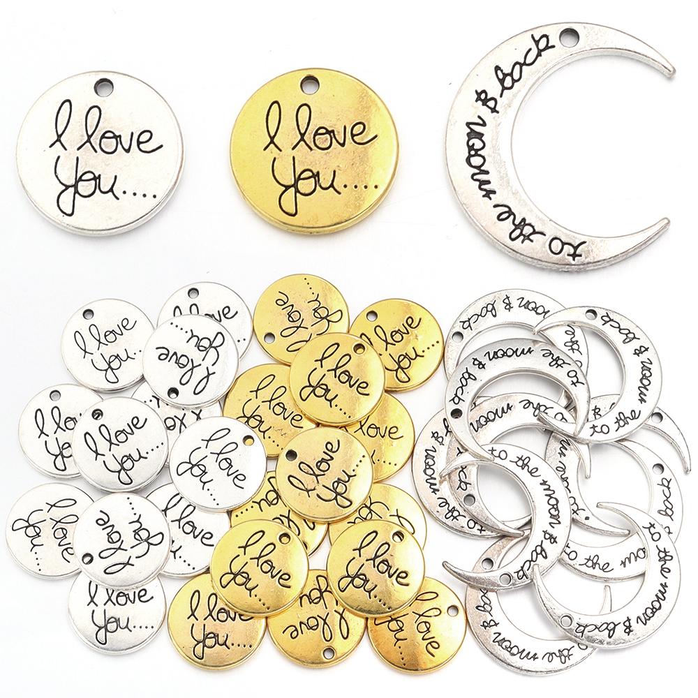 10pcs/lot Retro Alloy Pendant Double-sided Engraved Letters Round Moon Shaped Necklace Pendant DIY Handmade Fashion Jewelry Gift