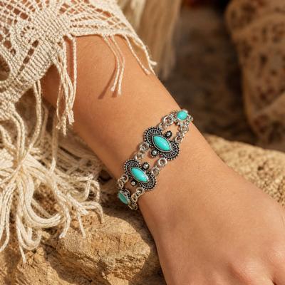 Pulseira com Inlay de Turquesa, Pulseira Estilo Boêmio Desgastado, Pulseira Escavada com Corrente Ajustável, Pulseira Boho Casual para Presente de Joia