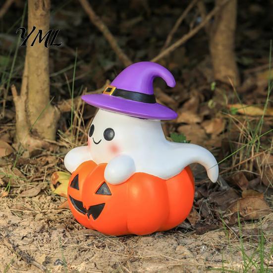 Autumn Seasonal Decorations Halloween Ghost Figurine, Cute Spooky on Pumpkin Decoration, Resin Small Festive Crafts Tabletop Ornament with Witch