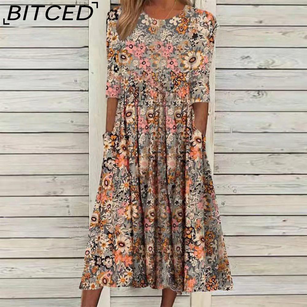 BITCED Summer Women's Printed Dress Loose-Fit Pocketed Maxi Dress