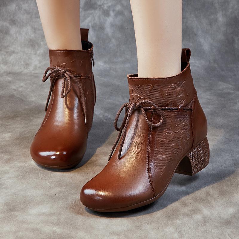 Shoes Women's Thick Heel Soft Sole Velvet Short Boots New Autumn and Winter Women's Shoes Retro First-layer Cowhide Cotton Shoes