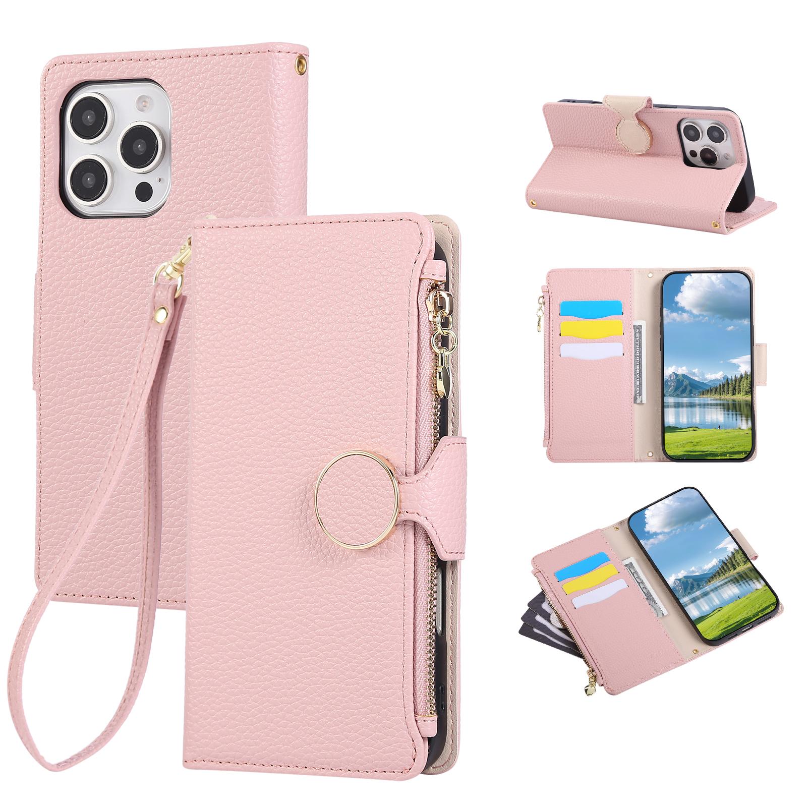 

For iPhone 16 Pro Max Case Zipper Wallet Leather Phone Cover with Wrist Strap Pink