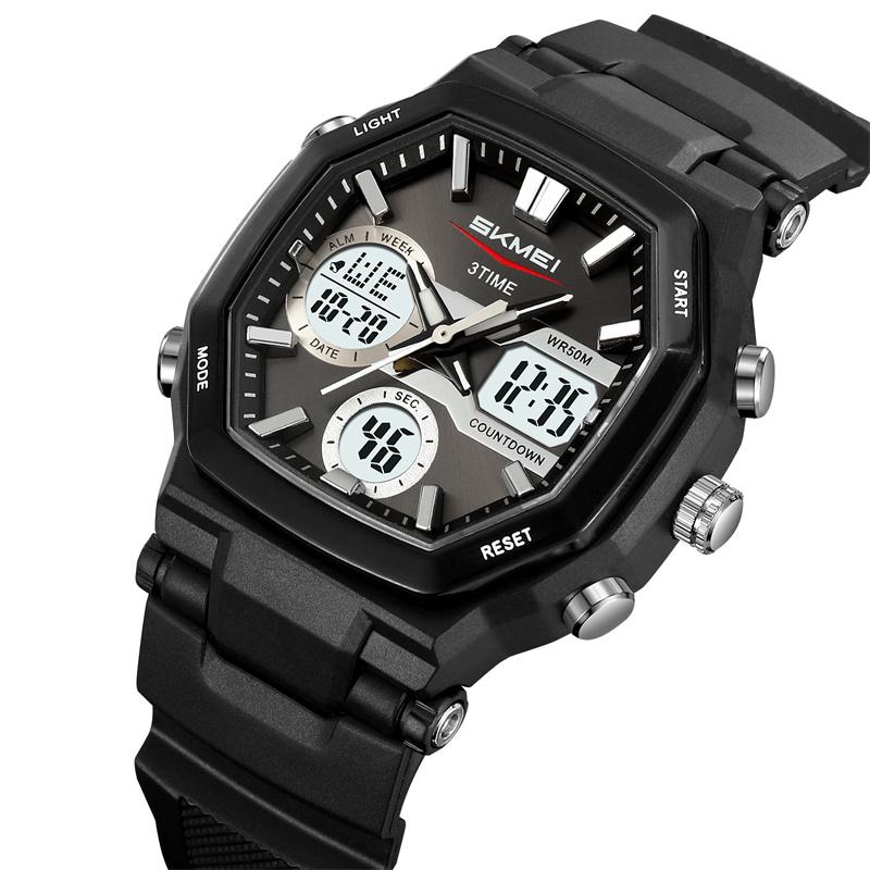 Skmei Unisex Sports Watches with Calendar Analog Digital Display LED Waterproof Three Time Zones 12 24 Hour Alarm Clock Male