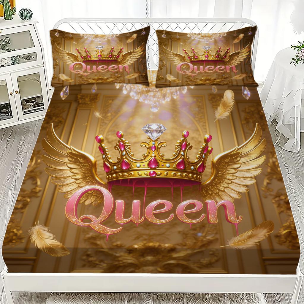 Queen Crown Wings Fitted Sheet Set Gold Pink Royal Crown And Wings Print With Queen Text Bedroom Decor