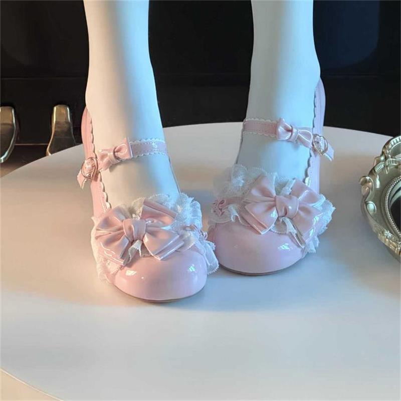 

Sweet and cute college style Lolita princess shoes temperament autumn round head lace middle heel Mary Jane small leather shoes 40 розовый