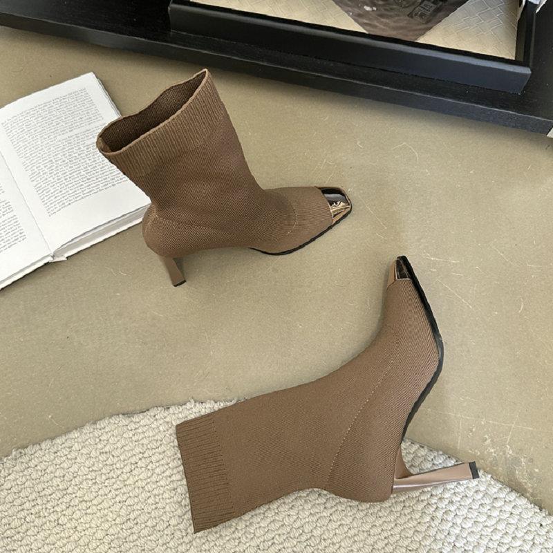 Fashion French Temperament Elastic Socks Boots For Women 2024 Autumn/Winter High Heel Thick Heel Everything Single Boot Slim Ankle Boots