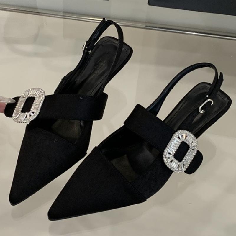 Fashion Luxury Rhinestone Buckle Shallow Pumps Women Pointed Toe Back Strap Kitten Heel Slide Sandals Fashion Elegant Party Dress Shoes