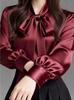 Elegante Satin Strik Lange Mouwen Blouse voor Dames - Light Luxury Vroege Lente Collectie