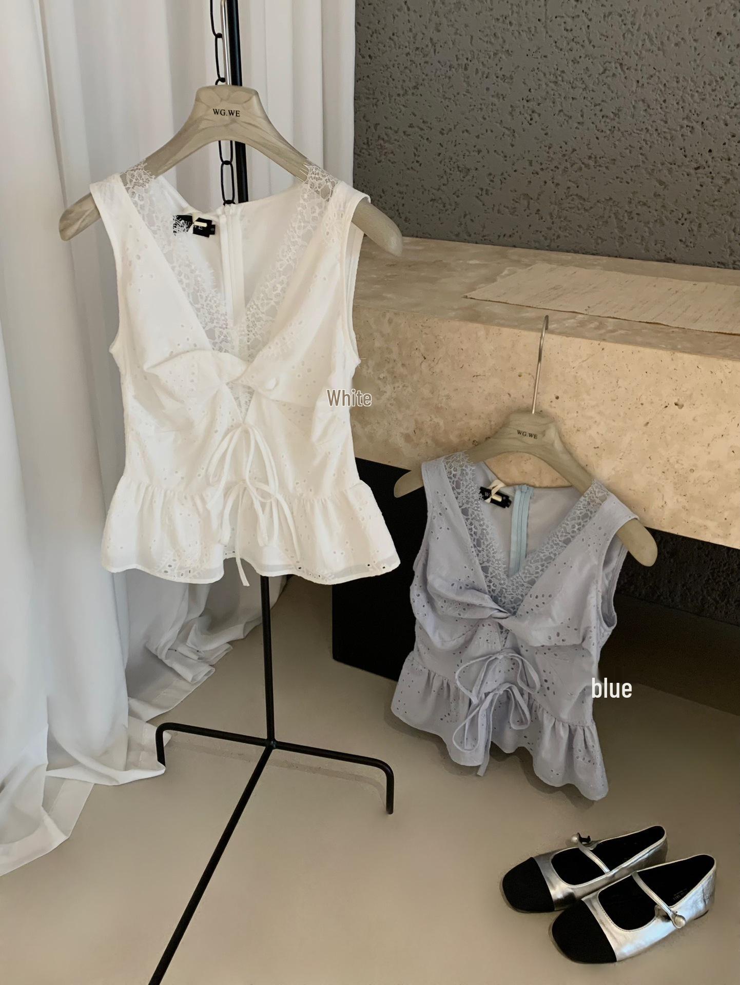 Thirteen Hong Women s Spring/Summer V-Neck Lace-Up Waist-Cinching Vest S синий