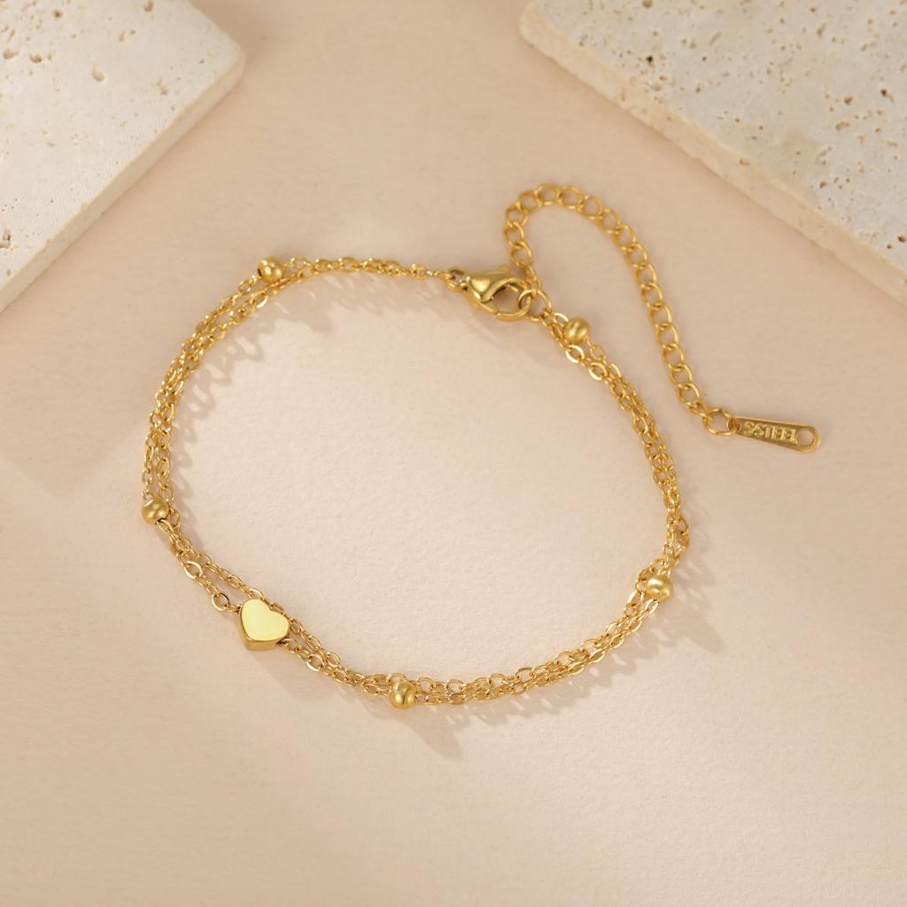 Teamer Stainless Steel Summer Love Heart Charm Bracelet Anklet for Women Girls Double Layer Chain Anklet Foot Beach Jewelry