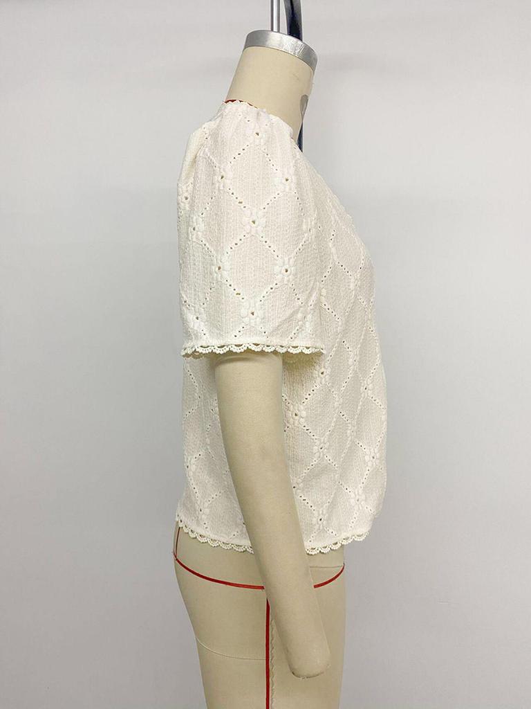 Haut d'été pour femme Style européen et américain 2026 Dentelle Col en V Jacquard Manches Courtes