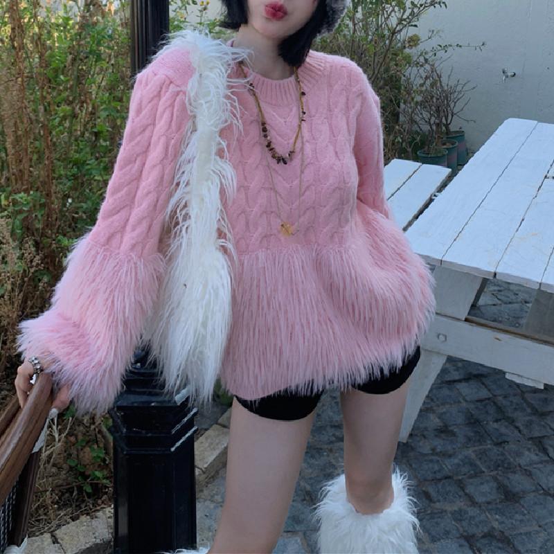 New large-size women's clothing, fat tassel imitation mink splicing, thickened twist crew neck sweater, soft waxy knitted sweater for women