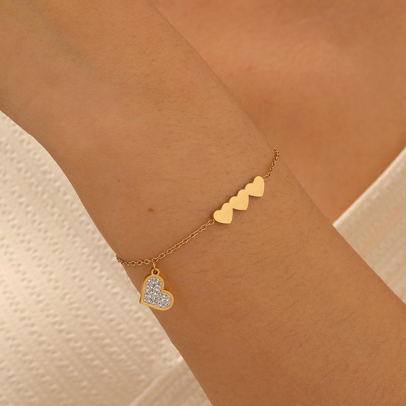 צמיד עם תליון לב קריסטל זירקוניום מצופה זהב, צמיד עדין משרשרת קישורים מפלדת אל-חלד, צמיד עמיד למים לנשים מתנה