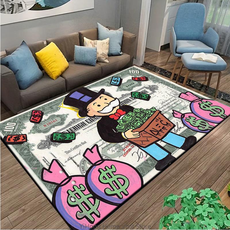 Playful Rich Man Game Monopoly Dollar Cartoon Carpet Rug for Bedroom and Living Room Non-slip Floor Mat Decorative Sofa Doormat