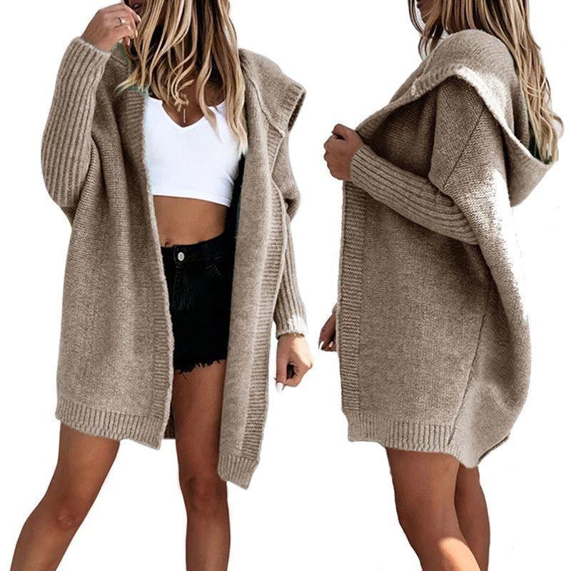 2025 Women's Clothing New European and American Foreign Trade Women's Knitted Sweater Jacket Amazon Long Hooded Casual Cardigan Sweater