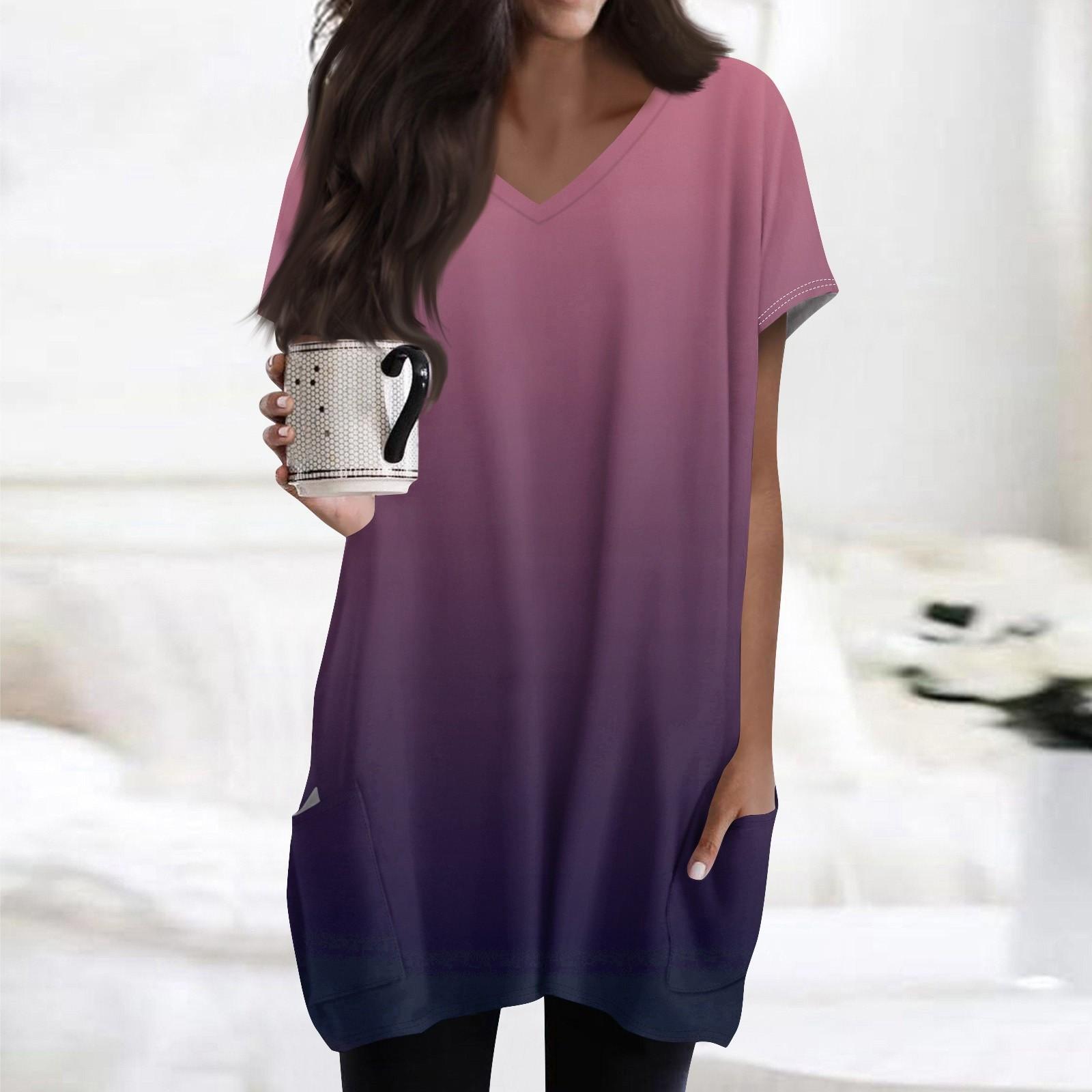 

Женские топы с V-образным вырезом, блузки с коротким рукавом, повседневные рубашки средней длины, модные туники с принтом и карманами S фиолетовый