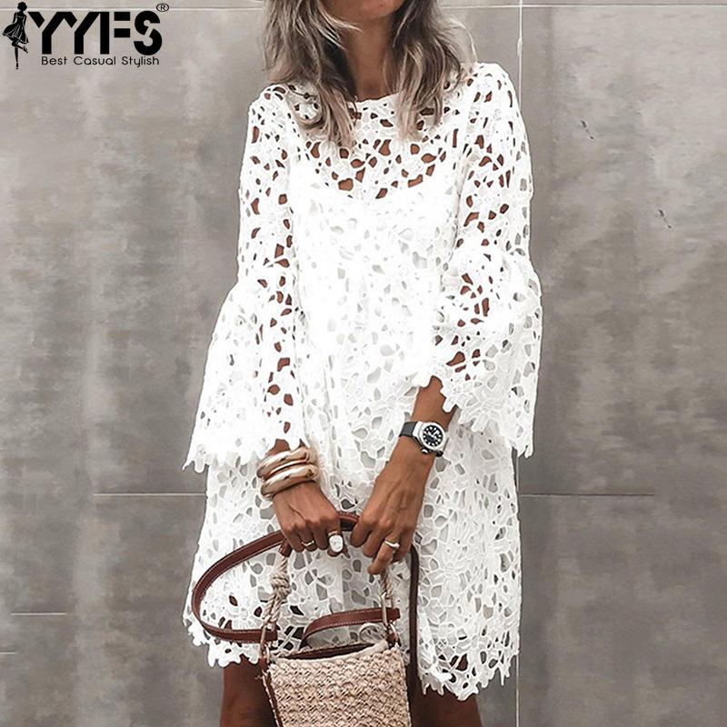 

YYFS Женская мода весна осень однотонный принт длинный рукав О-образный вырез свободная талия повседневные платья