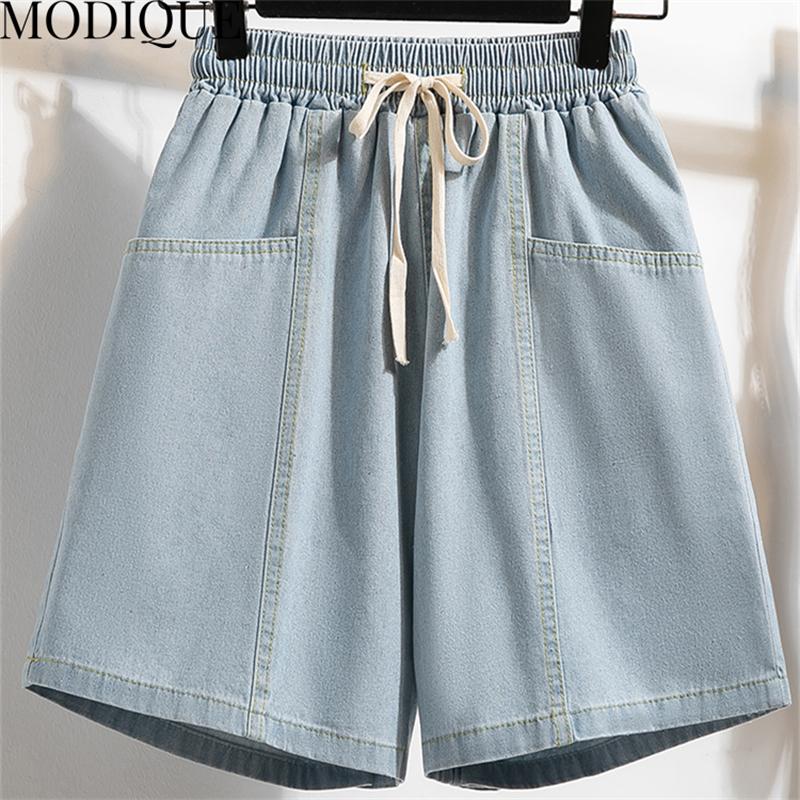MODIQUE Été Femmes Grandes Tailles Ample Basiques Élastique Cordon de Serrage A-Ligne Jambe Large Short en Denim Féminin Décontracté Bleu Foncé Short
