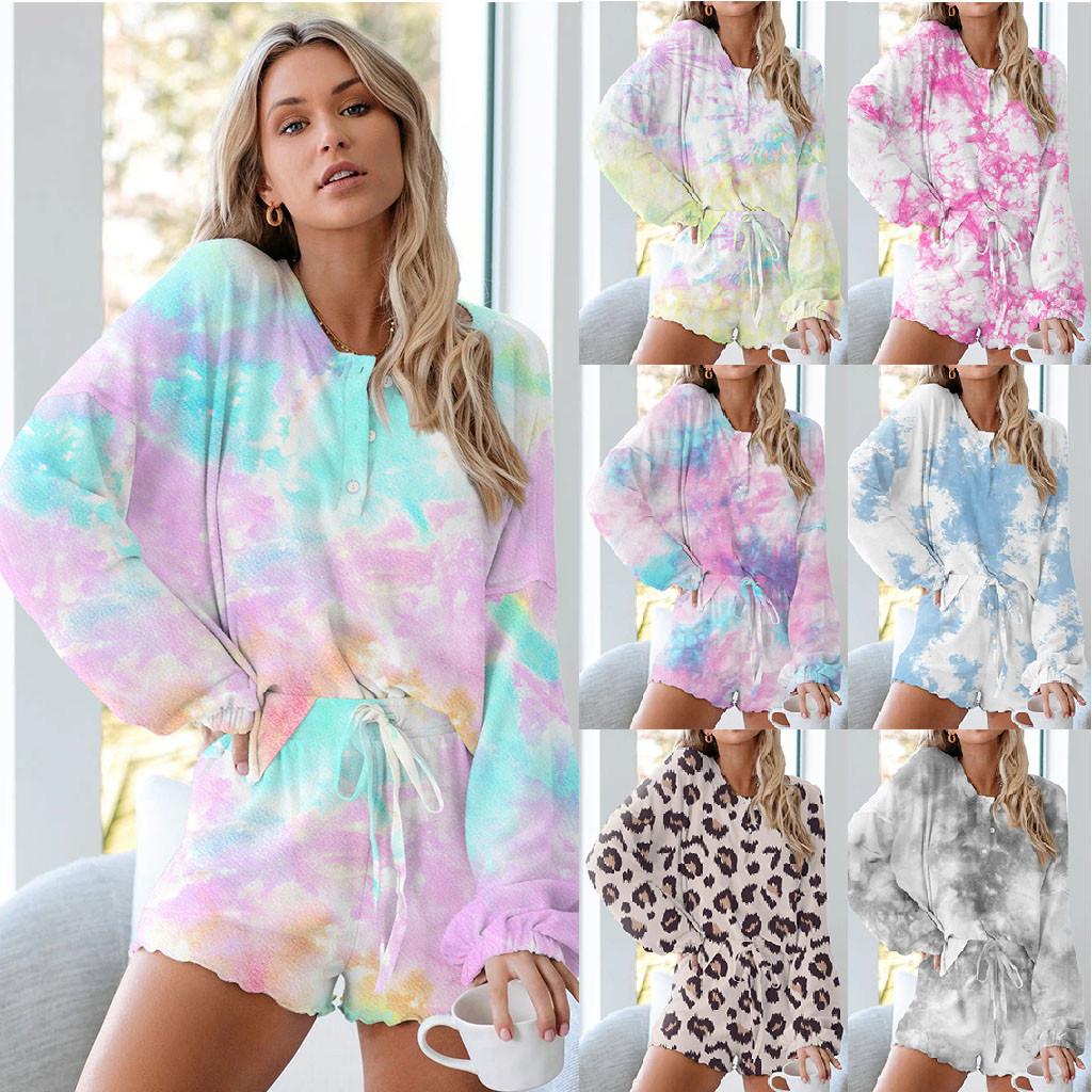 

Womens Tie-Dye Печатные Шорты Длинные рукава Топы 2 Часть пижамы Установить Sleepwear