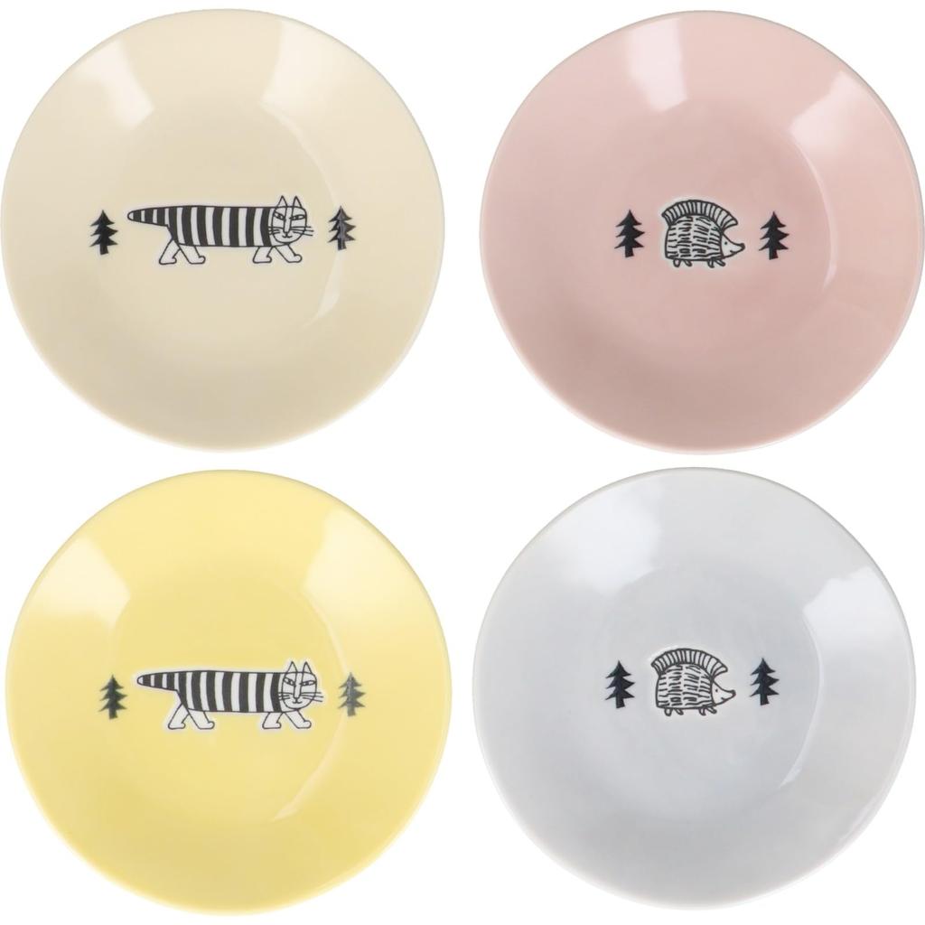 Yamaka Shoten Lisa Larson Set of Made in Plates, 4, 13.5cm, Stroll, Yellow/Gray/Cream/Pink, Japan, LL90-190
