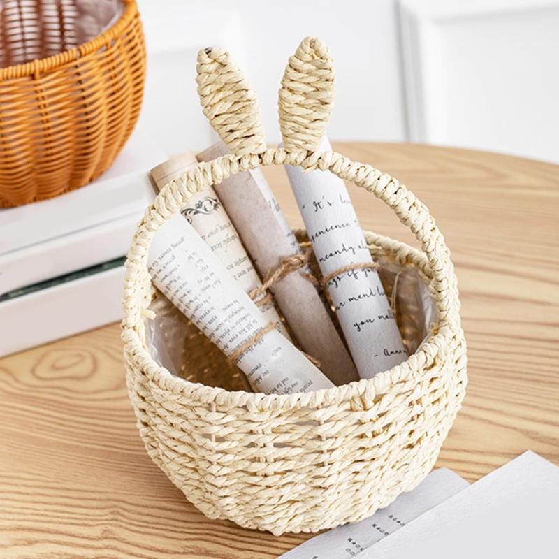 Durable Handmade Basket In Neutral Tone With Fun Rabbits Ear Detail Perfect For Fashion Home Decorations