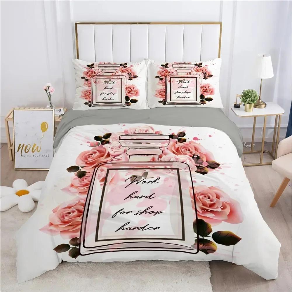 Perfume Floral Duvet Cover Set Pink Makeup Bedding Set With Pillowcase,Girls Women Romantic Fashion Gifts Comforter Cover Set