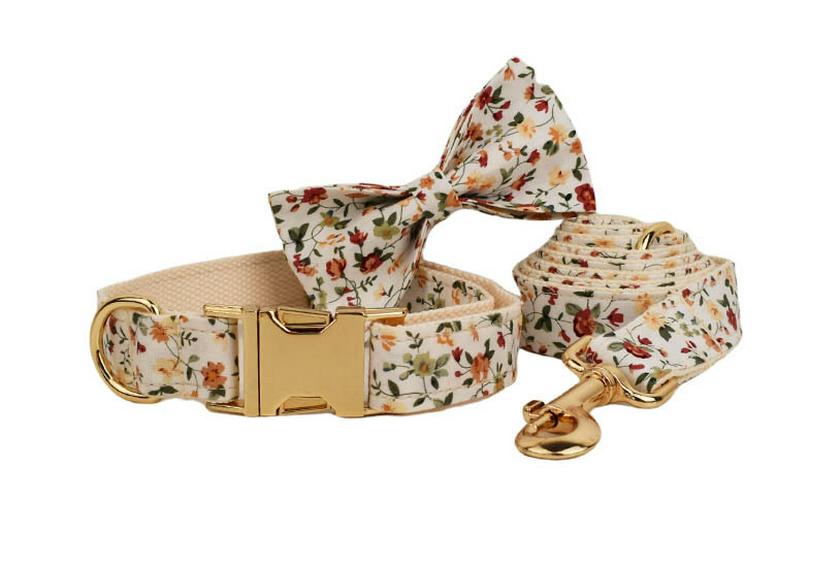 White Dog Collar with Leash and Small Flower Protector - Adjustable Dog Chain Accessory