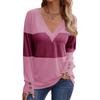 Women's New Style Casual Loose V-neck Long-sleeved Contrast Stitching Knitted Pullover T-shirt Top