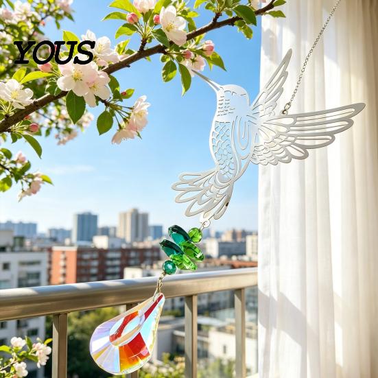Sun Catcher Hanging Metal Hummingbird Suncatcher, Faux Crystal Prisms Window Multi-layered Suncatcher Rainbow Maker Ornament for Garden, Home