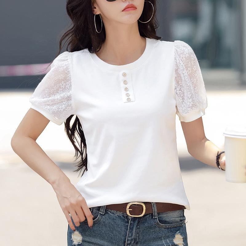 Été Patchwork dentelle fleur manches bouffantes coton T-Shirt boutons col rond femmes élégantes dames mince hauts à la mode