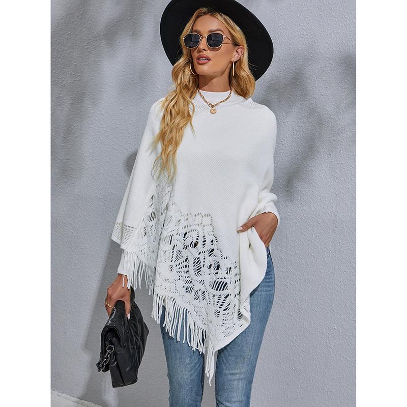 New Casual Women Shawl Fashionable Poncho Cotton Knitted Sweater Hollow Tassel Plus Size Pullover Woman