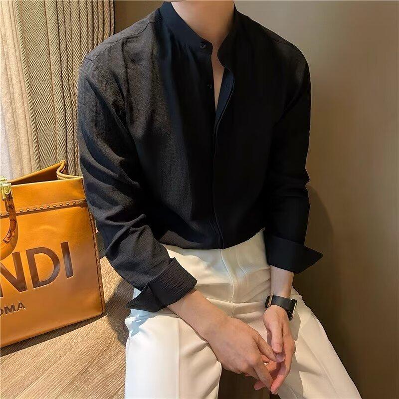 

Рубашка с длинными рукавами и воротником-стойкой, мужская, весна-лето, новый стиль, японский стиль Гонконга, свободный повседневный универсальный однотонный топ, модный мужской 3XL