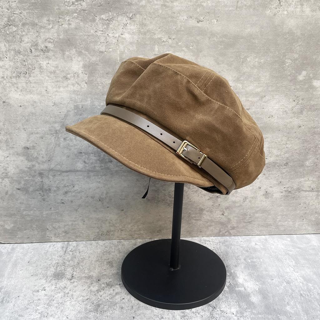 Vintage Belt Decoration Suede Newsboy Hat Painter Hat Women'S Versatile Face Ducktongue Octagonal Hat
