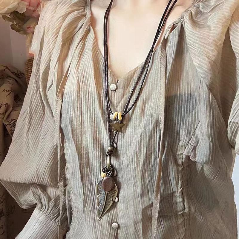 Vintage Leaf Star Beaded Choker Pendant Necklace for Women Leather Chain Festival Daily  Chain Jewelry Party Gift